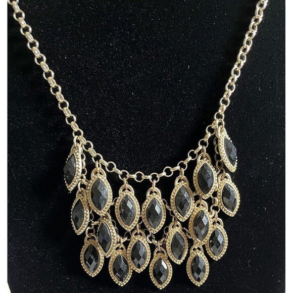 Waterfall Tear Drop Style Bib Statement Necklace Gold Tone Black Jet 20" - Picture 2 of 6